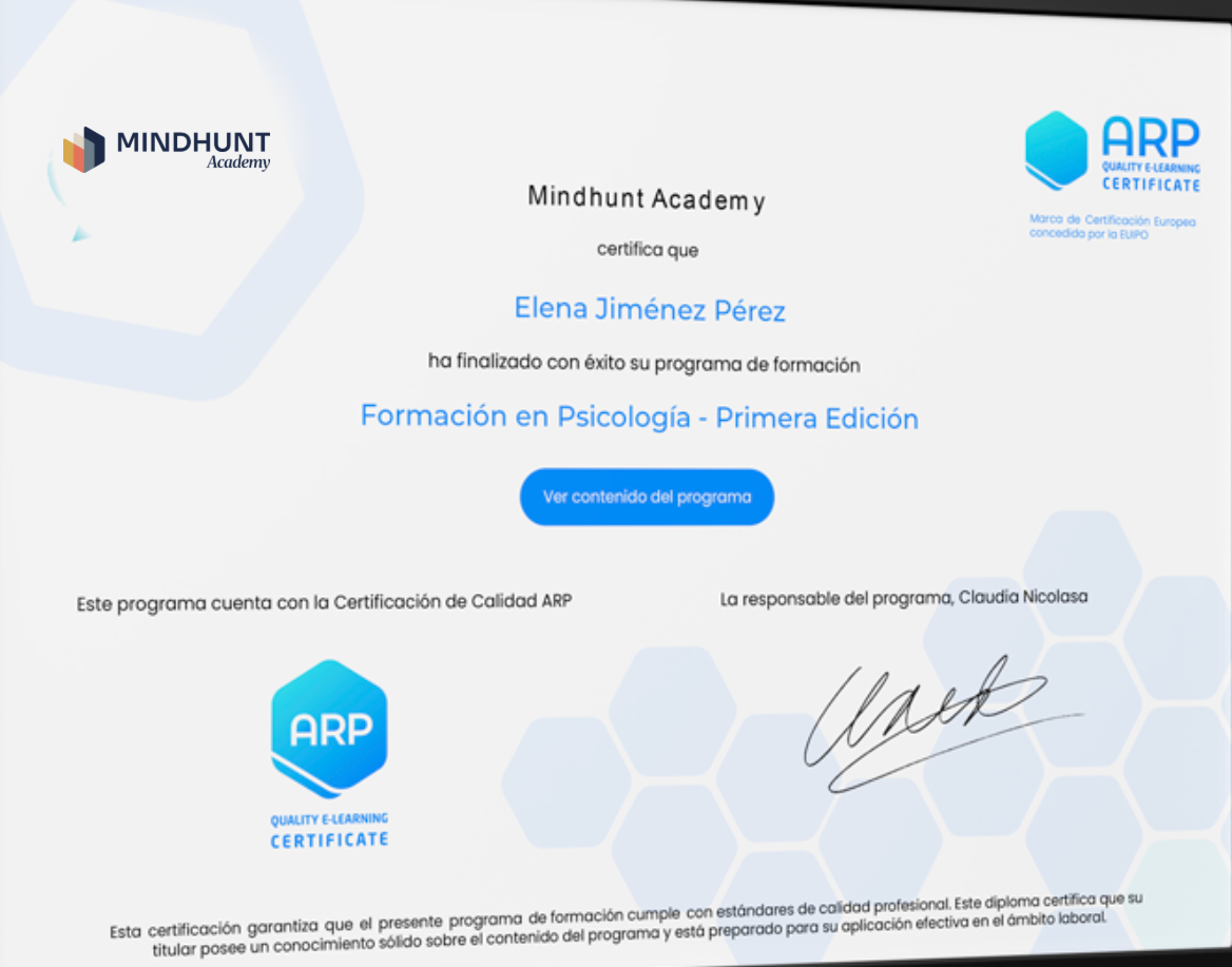 Certificado de finalización de Mindhunt Academy con la certificación de calidad ARP