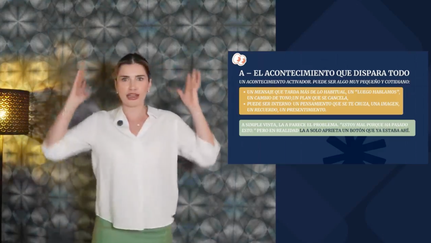 Claudia Nicolasa explicando el modelo ABC y el acontecimiento activador en una clase de Mindhunt Academy