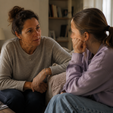 Madre e hija conversando en el sofá del salón