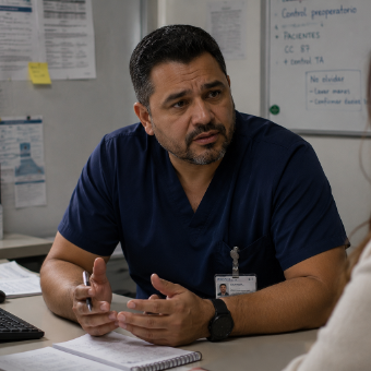 Sanitario conversando con una paciente en consulta