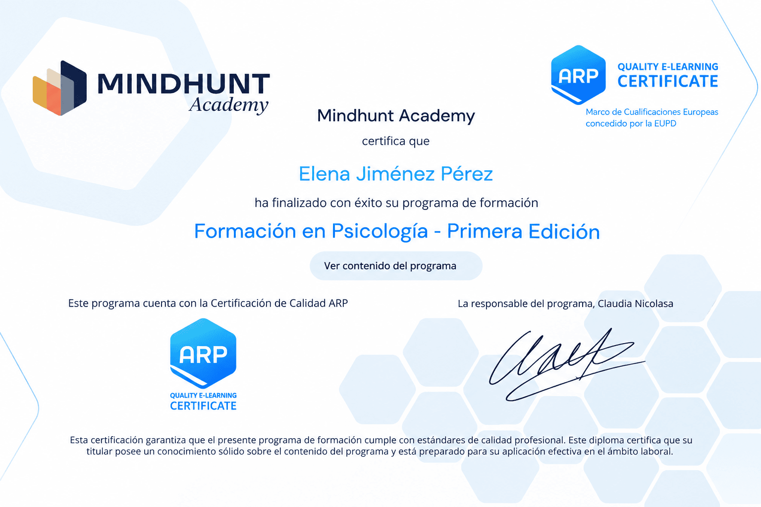 Diploma de Mindhunt Academy con la Certificación de Calidad ARP, aprobada por la EUIPO